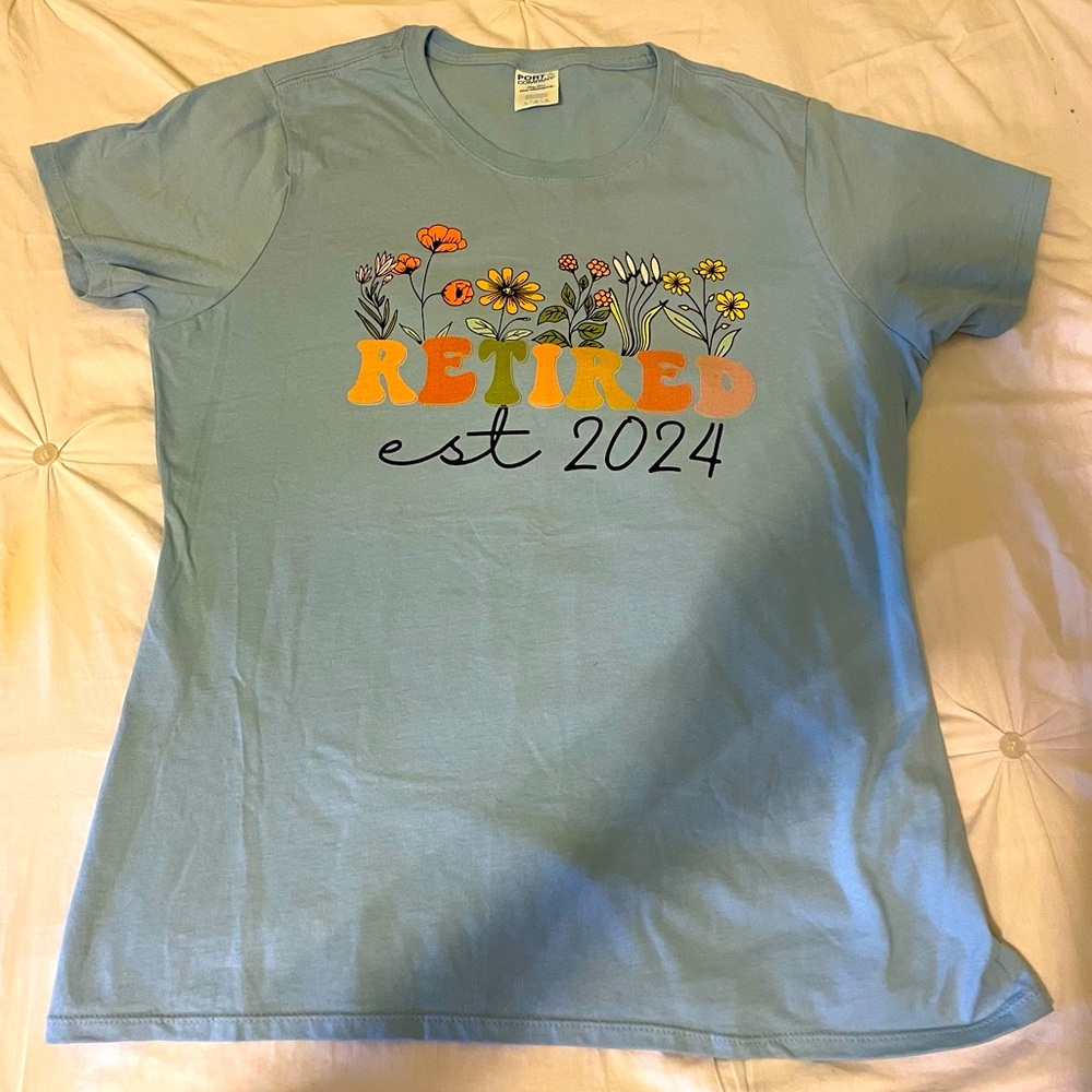 Light blue “Retired est 2024” floral t-shirt
